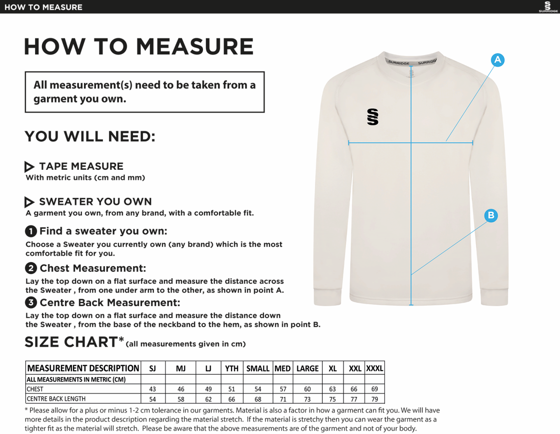 OVINGTON CC Blast Long Sleeve Cricket Sweater - Size Guide