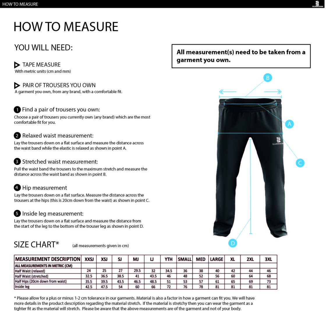 Ovington CC POPLIN TRACK PANT WITH LYCRA - Size Guide