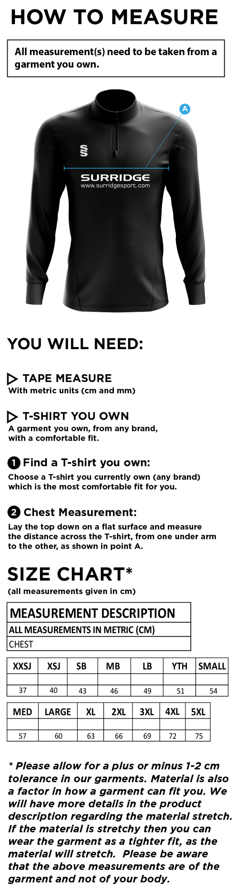 Ovington CC ACTIVE PERFORMANCE TOP - Size Guide