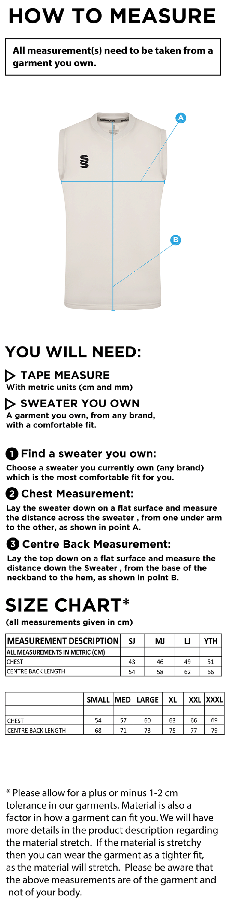 OVINGTON CC Blast Sleeveless Cricket Sweater - Size Guide