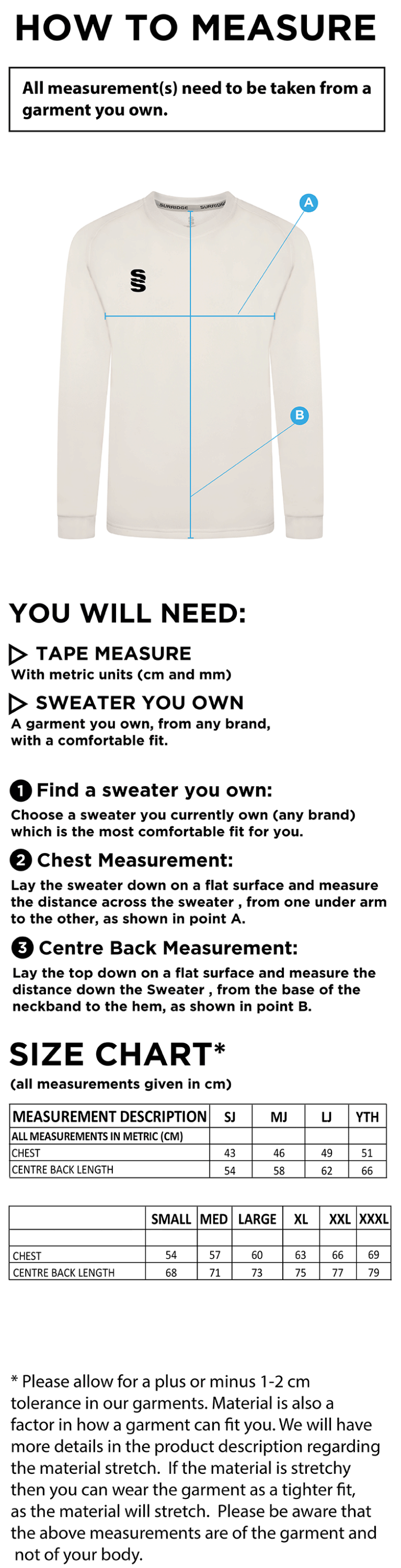 OVINGTON CC Blast Long Sleeve Cricket Sweater - Size Guide