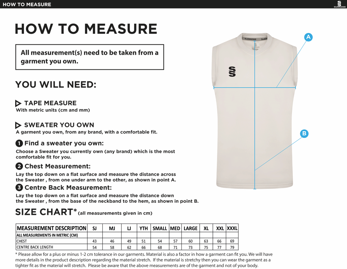 OVINGTON CC Blast Sleeveless Cricket Sweater - Size Guide